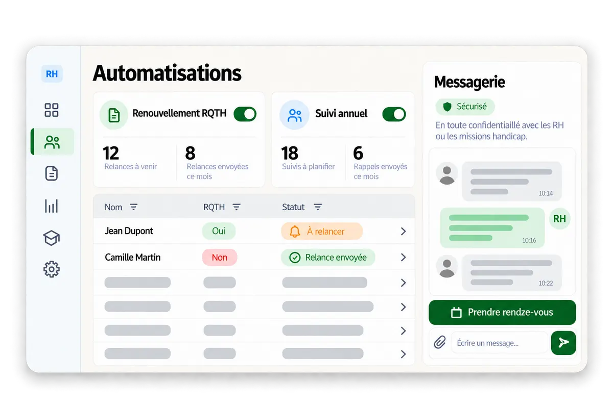 Écran Automatisations : renouvellement RQTH et suivi annuel activés, liste des relances et messagerie sécurisée avec les RH